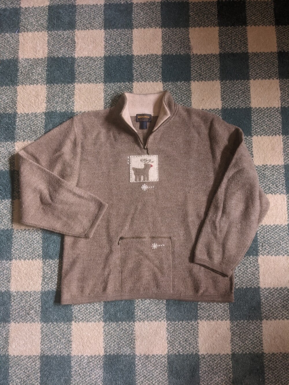 Vintage Woolrich Reindeer Embroidered Wool Knit Pullover Quarter Zip Sweater
